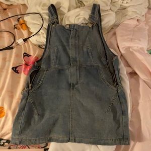 Mid-thigh length denim dungaree dress